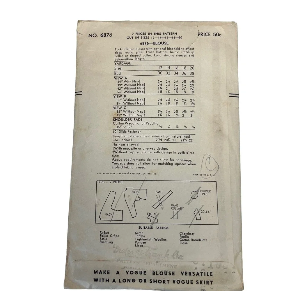 Vogue Vintage 1950's Pattern #6876‎ Women's Blouse Size 12